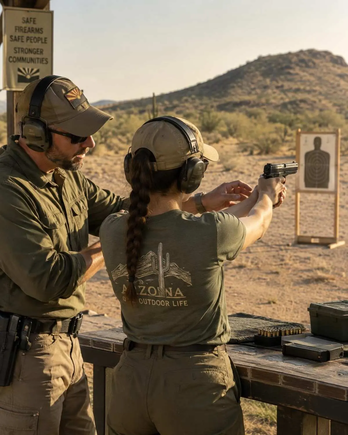 Bisbee Guns — Bisbee, Arizona Adult instructor teaching safe firearm handling at an outdoor range